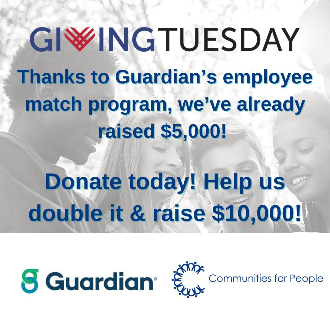 Tomorrow is <a href="/GivingTuesday/">GivingTuesday</a>, we are counting on your support to  reach our goal.  Thanks to <a href="/guardianlife/">Guardian Life</a> we are halfway there!  Support youth &amp; families struggling during the pandemic. ow.ly/VfXc50CywLA #guardianforgood #guardianemployee #fostercare #givingtuesday