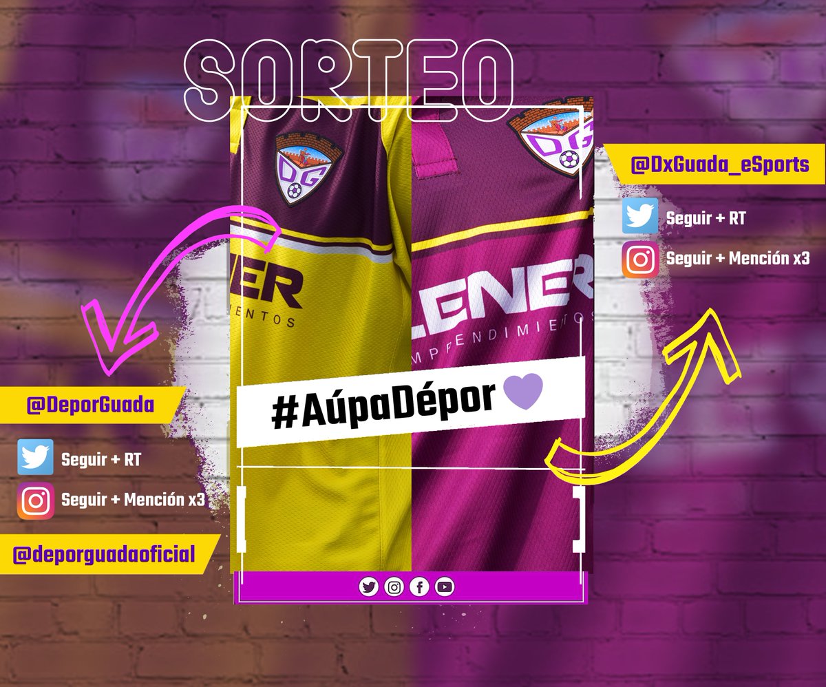 𝗦𝗢𝗥𝗧𝗘𝗢🔥🥳

🟣Sorteamos aquí y en nuestro Instagram (@dxguada_esports) la PRIMERA EQUIPACIÓN.

🔸¿Cómo conseguirla?
1⃣ Síguenos
2⃣ RT

También sorteamos la segunda equipación pero hay que ir al perfil principal <a href="/deporguada/">C.D. Guadalajara 🟣⚪️</a> 😉

🎉¡GANADORES EL 15 DE DICIEMBRE!

#AúpaDépor 💜