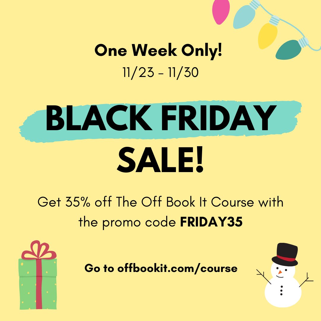OffBookIt's tweet image. Get 35% off The Off Book It Course. Learn the smart way to memorize lines! Ends tonight at midnight CT. Don't miss out! #actorslife #actors 

offbookit.com/course