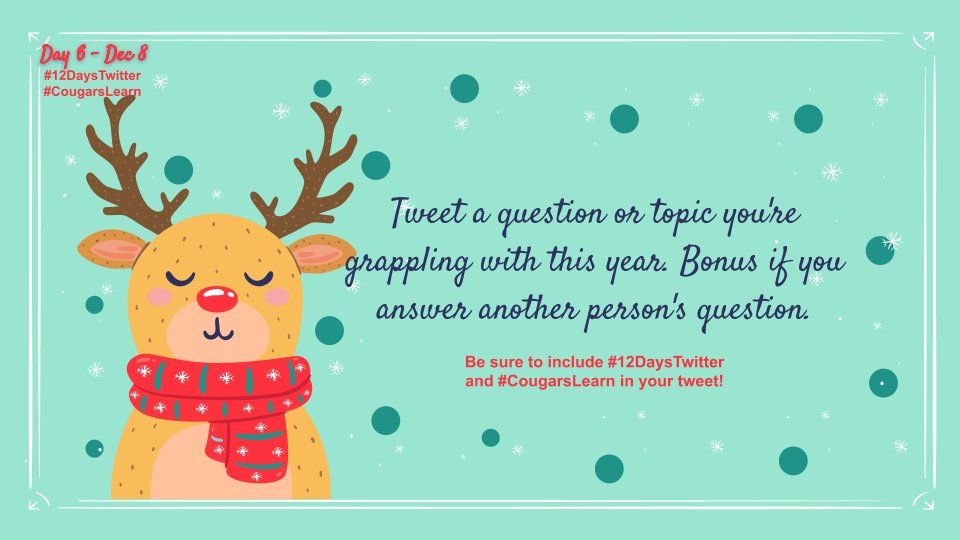 HowardEdTech's tweet photo. Day 6 of #12DaysTwitter! 2020 has definitely thrown us some curveballs. Tweet a question or topic you're grappling with this year. Bonus if you answer another person's question.
#CougarsLearn https://t.co/CwaTXn4xXI