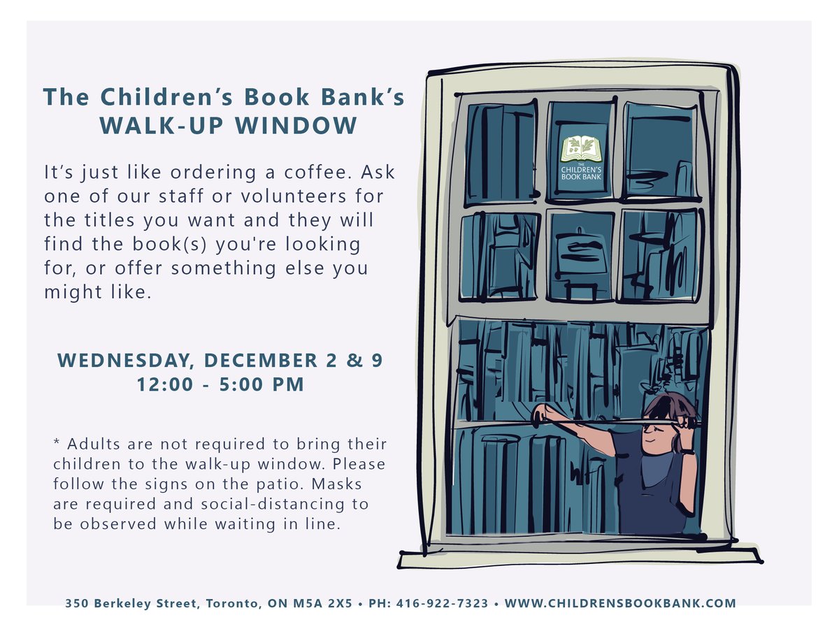 BookBankCanada's tweet photo. A reminder that we will be hosting our first Walk-up Window this Wednesday from 12:00 - 5:00pm. Stop by our patio window to say hi and order/choose books to take home to enjoy and keep!
#books4kids #keepreading #walkupwindow https://t.co/4yDTuhg8TX