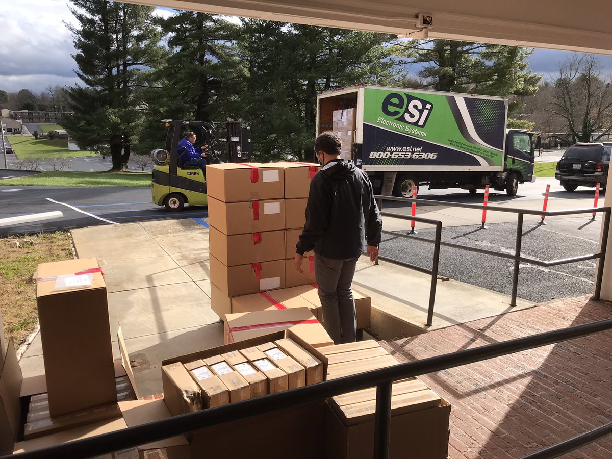 DougWickham's tweet photo. Teacher Chromebooks have arrived...finally!  Thank you COVID for the delays 😂. We will be getting them into the hands of teachers quickly. @mcps_va teachers, make sure to have your Chromebook &amp; charger ready to make the exchange. @MCPSTechnology #techsauce #mcpsrocksremotely https://t.co/pIiJwOUEGU