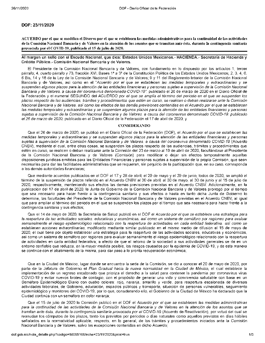 jpa_mexico's tweet photo. Acuerdo publicado el 23 de noviembre de 2020, por el que se modifica las medidas administrativas para la continuidad de las actividades de la CNBV en atención de los asuntos que se tramitan ante esta durante la contingencia sanitaria provocada por COVID-19. #JPAMexico https://t.co/RZRlbNchva