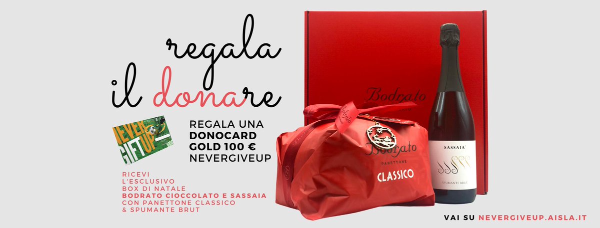Il regalo più grande è "regalare il donare"! Con le donocard #NeverGiftUp silver o gold, il #Natale fa il bis: sostieni la ricerca sulla #SLA e gusti l'eccellenza della <a href="/regionepiemonte/">Regione Piemonte</a> con #Bodrato #cioccolato e Azienda Vitivinicola #Sassaia.
👉 Vai su bit.ly/3lNiUZx