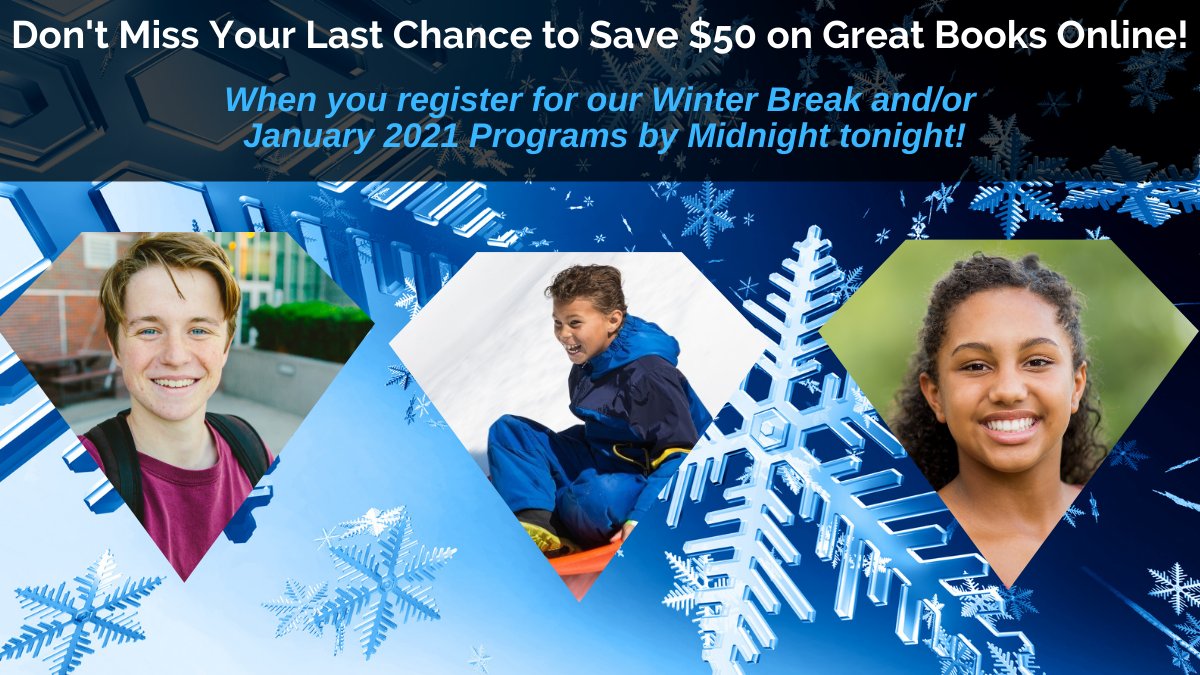 GBSPcamp's tweet photo. 𝗬𝗼𝘂𝗿 𝗧𝗶𝗺𝗲 𝗳𝗼𝗿 𝗦𝗮𝘃𝗶𝗻𝗴𝘀 𝗶𝘀 𝗥𝘂𝗻𝗻𝗶𝗻𝗴 𝗢𝘂𝘁! Register by midnight tonight to save $50 on Great Books Online Winter Break &amp; January 2021 Programs. https://t.co/CAXvr14fnW
#cybermonday #cybermonday2020 #blackfridaynow #gbsp #gbsponline #gbspwinter #literature https://t.co/8xibvfbQeF