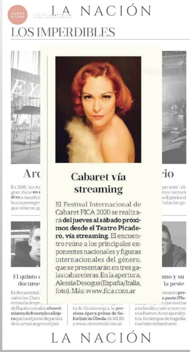 Good news from Buenos Aires!
En la Revista del Diario <a href="/LANACION/">LA NACION</a> 
de Buenos Aires 🎩
<a href="/FICAcabaret/">Festival Internacional de Cabaret de Argentina</a> <a href="/varasotero/">Varas Otero PR</a> <a href="/NoralihGago/">Noralih Gago</a>
#cabaret #buenosaires #granada #Italia #musica #cafechantant #Paris