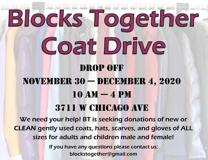We're seeking donations of new and CLEAN gently used winter coats, hats, gloves, scarves of ALL sizes for males and females. Drop off your donations this week at the office located at 3711 W Chicago Ave between 10am -4pm. We appreciate your help!