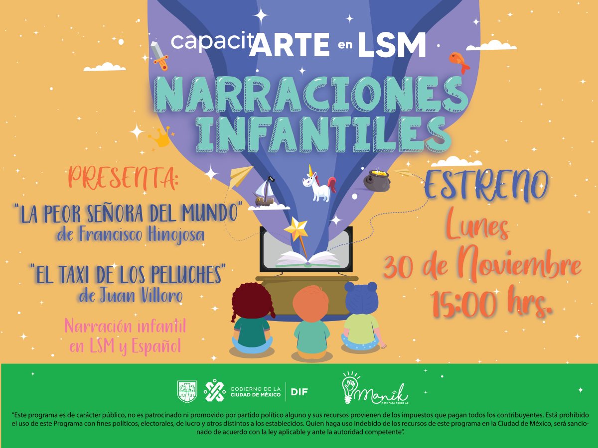 No te pierdas el día de hoy el estreno de las narraciones infantiles en LSM y español  junto a el <a href="/DIFCDMX/">DIF Ciudad de México</a> 
mediante nuestro Facebook facebook.com/senayverbomx/
#señayverbo #LSM #DIFCDMX #narraciones #QuedateEnCasa