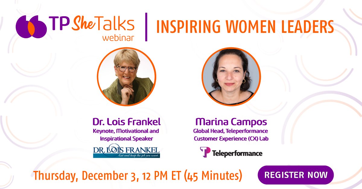 Teleperformance's tweet image. Join us for the upcoming TP SheTalks webinar later this week. Dr. Lois Frankel will share her best practices on how you can empower yourself and achieve your career goals during the pandemic. Register now! #TPSheTalks #NewNormal bit.ly/3fQnNit