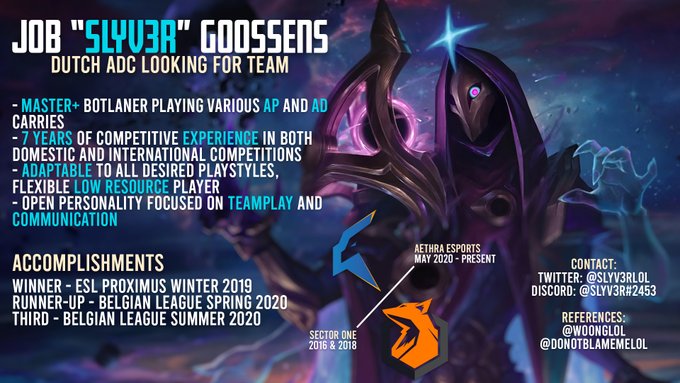 Due to <a href="/AethraGG/">Aethra Esports</a> not being in the Belgian League for 2021, I'd to announce my free agency.

Please contact me via Twitter dm or Discord.

Thanks to <a href="/craisze_/">cas!</a> for making the graphic and special thanks to <a href="/Boykuh/">Boy Kemps</a> for these past years.

Likes and retweets are appreciated!
