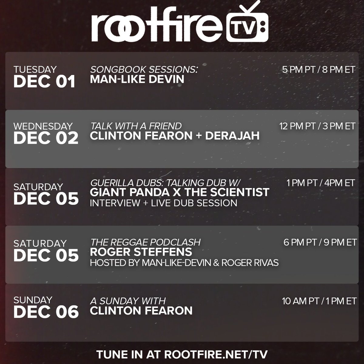 Rootfire_Intl's tweet photo. Tune into #RootfireTV this week for live sessions and Q&As with your favorite artists and industry leaders! This week features Roger Steffens, @dubbscientist, @derajah1 and more > https://t.co/gQj1DojGKd https://t.co/uZmVJXjyZx