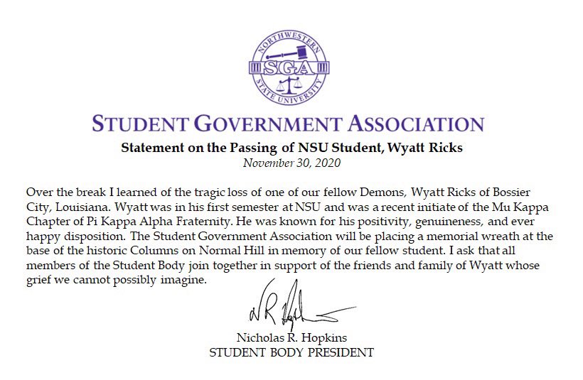 Statement from the Student Body President on the passing of NSU Student, Wyatt Ricks.