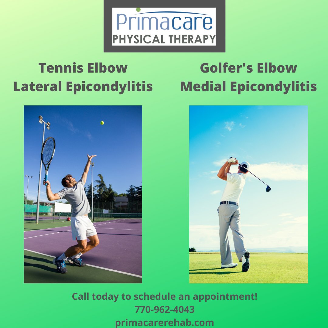 Tennis and Golfer's Elbow, AKA Lateral and Medial Epicondylitis, which are overuse of the tendons around the elbow and are treatable with physical therapy. Call and schedule an appointment today at 770-962-4043 #tenniselbow #golferselbow #lateralepicondylitis #medialepicondylitis