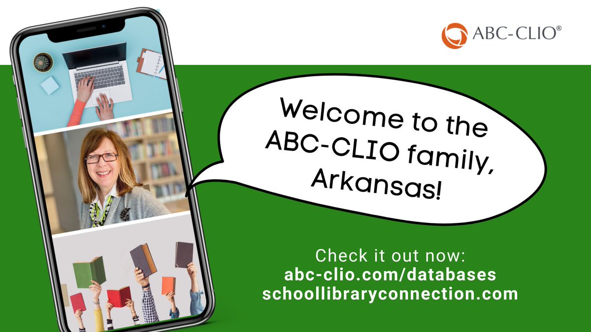 ABC_CLIO's tweet photo. Arkansas educators, join us tomorrow for your "Getting Started with ABC-CLIO Databases" training to make the most of our resources! 8:00 AM PST. Register here: https://t.co/w1jc6P9WR2
@RenfrowPam @ArkansasEd https://t.co/GLhXljwcNv