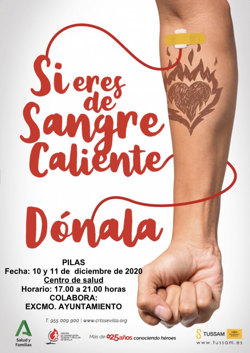 🩸Nueva campaña de donación de sangre en #Pilas.
🗓JUEVES 10 Y VIERNES 11 DE DICIEMBRE.
📍CENTRO DE SALUD, en horario de 17.00 a 21.00 h.
💉Se necesita sangre de todos los grupos.
*La sangre es un "medicamento" vital que no se puede fabricar.

#DonaSangre #DonaVida #GraciasPilas