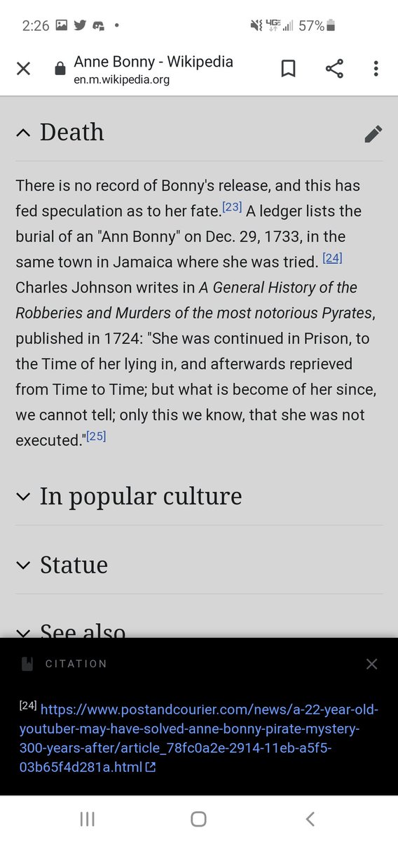 I have a love hate relationship with Wikipedia. Its useful for source mining but the sources can be flawed and if a paragraph has no citation? Forget about it. Still, I am proud the Anne Bonny page added a citation so quickly.
@tbartelme 
<a href="/AniMat505/">Mat Brunet - AniMat (FOLLOW ME ON BLUESKY)</a> 
<a href="/JillianMolenaar/">10 years old and loving it</a> 
<a href="/atun_shei/">Andrew Rakich</a>