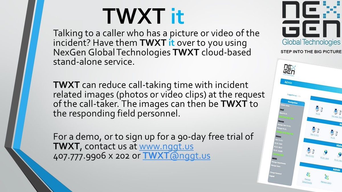 Just TWXT it!! 

Contact us today to start your Free 90-day trial.

 #911, #Textto911, #E9-1-1, #IRI, #videos, #images, #nexgen, #publicsafety, #communications, #twxt #publicsafetycommunications, #LE, #EMS, #FD, #EM, #NG911, #E911 nggt.us  TWXT@nggt.us