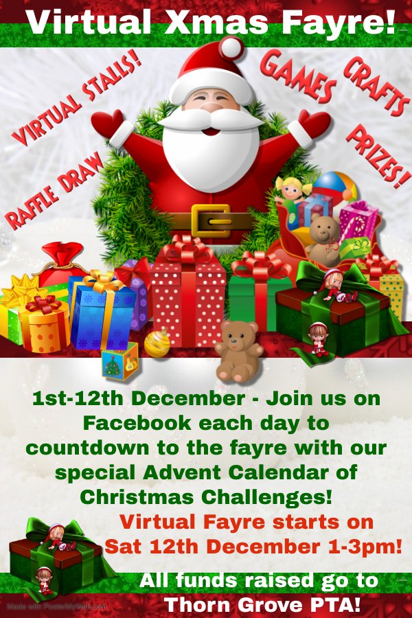 Tomorrow starts the 12 day countdown to our Virtual Christmas Fayre!
Click on the link to open our special advent calendar to share with your families and don't forget to log on to our Facebook page on Sat 12th from 1pm to join in our Virtual Fayre fun!
calendar.myadvent.net/?id=5d1d599017…