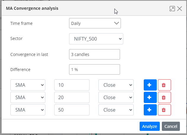 ssstockalerts's tweet photo. Dear Friends,
#Sssnewfeature
#MovingAverageConvergence
#ConvergenceAnalysis
We have implemented Moving Average Convergence analysis feature.
> U can get stocks which moving averages are 10, 20, 50 are together (with 1% difference)
> U can use most 7 moving avgs. https://t.co/W0oq7LMuPh