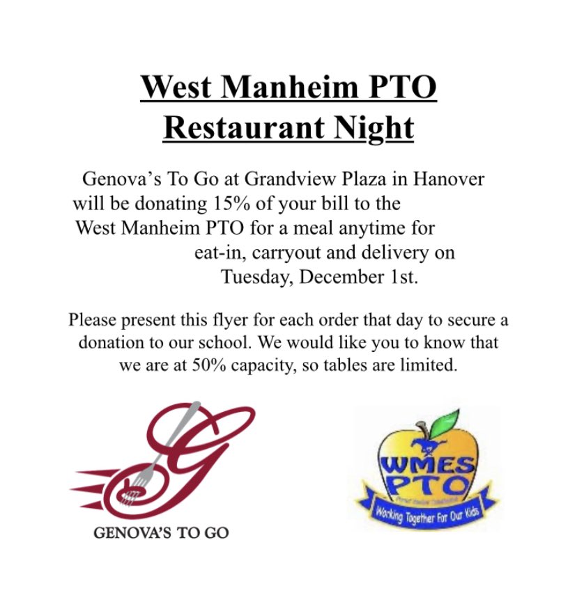 WM PTO December 1st Resturant Night @ Genova’s To Go!!