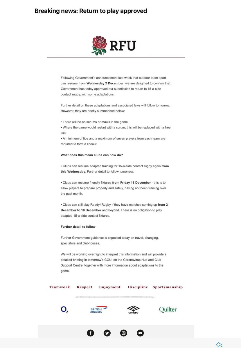 ⬇️Update on Return to Play.
 
ℹ️More info to follow.