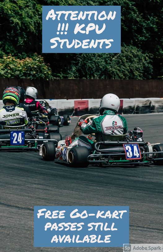HURRY NOW!!! 😱😱😱😱
What: Free go-kart passes for students
Who: KPU Students enrolled in Fall 2020 courses
Duration: Sept 15th - December 30th
How: Email gokart@kusa.ca with your student number and proof of enrollment
Rules and Conditions
-one per student
-must be a KPU student