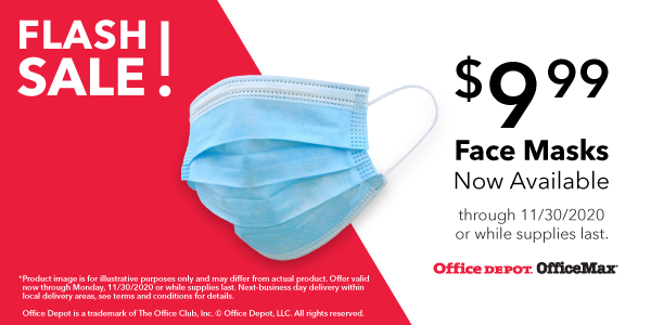 ABNSave's tweet photo. LAST DAY! FLASH SALE: $9.99 face masks available for members, now through 11/30/2020, while supplies last: https://t.co/NiNJoA9NvB| #beyondsavings #officedepot #covid #facemask https://t.co/F94UAl3AGv