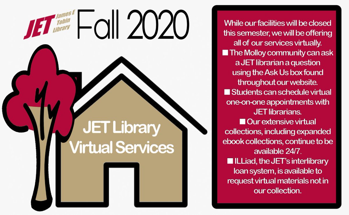 MolloyLibrary's tweet photo. With the end of the semester, finals and final papers looming on the horizon, the JET Library is here for all your virtual needs! Check out this link to see all of the services we are offering throughout the rest of the semester! https://t.co/FKZ7ERkaZO
#jetlibrary #molloylife https://t.co/ZdtUCVrt4a