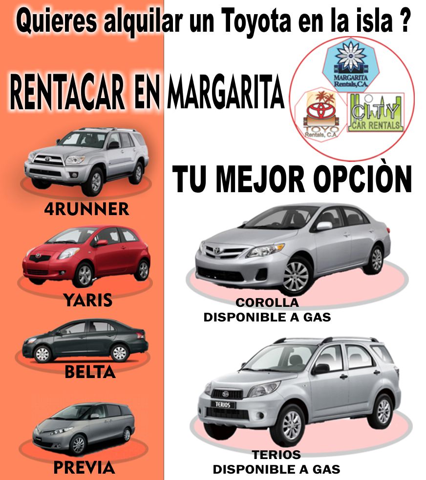 RentacarEn's tweet photo. Margarita Rentals, City Car Rentals y Toyo Rentals, un prestigioso grupo de empresas de alquiler de vehículos en la Isla de Margarita. Contáctanos por los teléfonos: 04122728471 ò 04127729116 y con mucho gusto te atenderemos. https://t.co/2ROLMmrgQ4