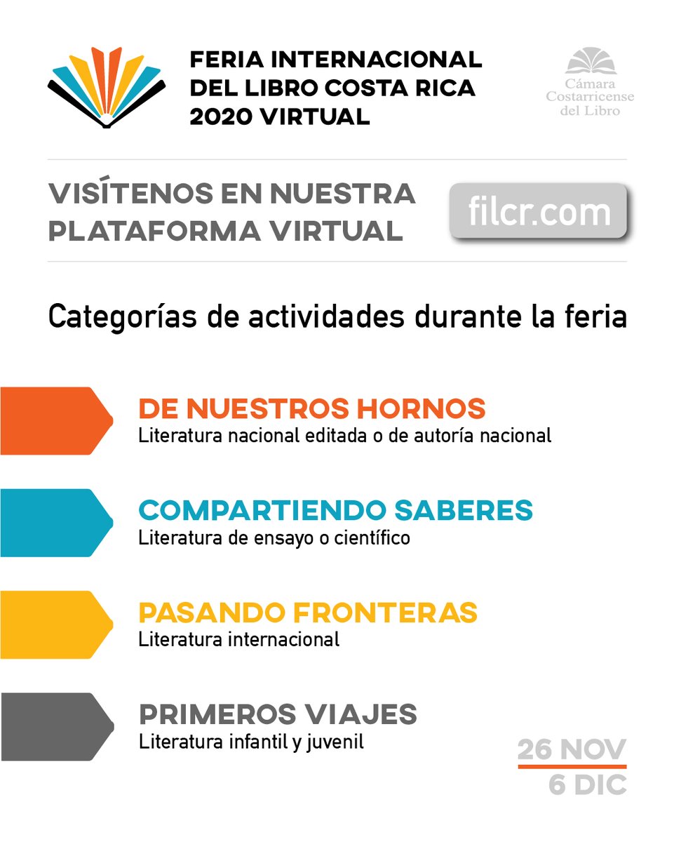 _FILCR's tweet photo. Programación del 01 de diciembre. Ingresá a la plataforma virtual https://t.co/1haXaOZQaL y disfrutá de las actividades de la #FILCR2020Virtual. 📖

#ConectandoLaRegión
#EscrituraSinFronteras https://t.co/8dk4YCV0NH