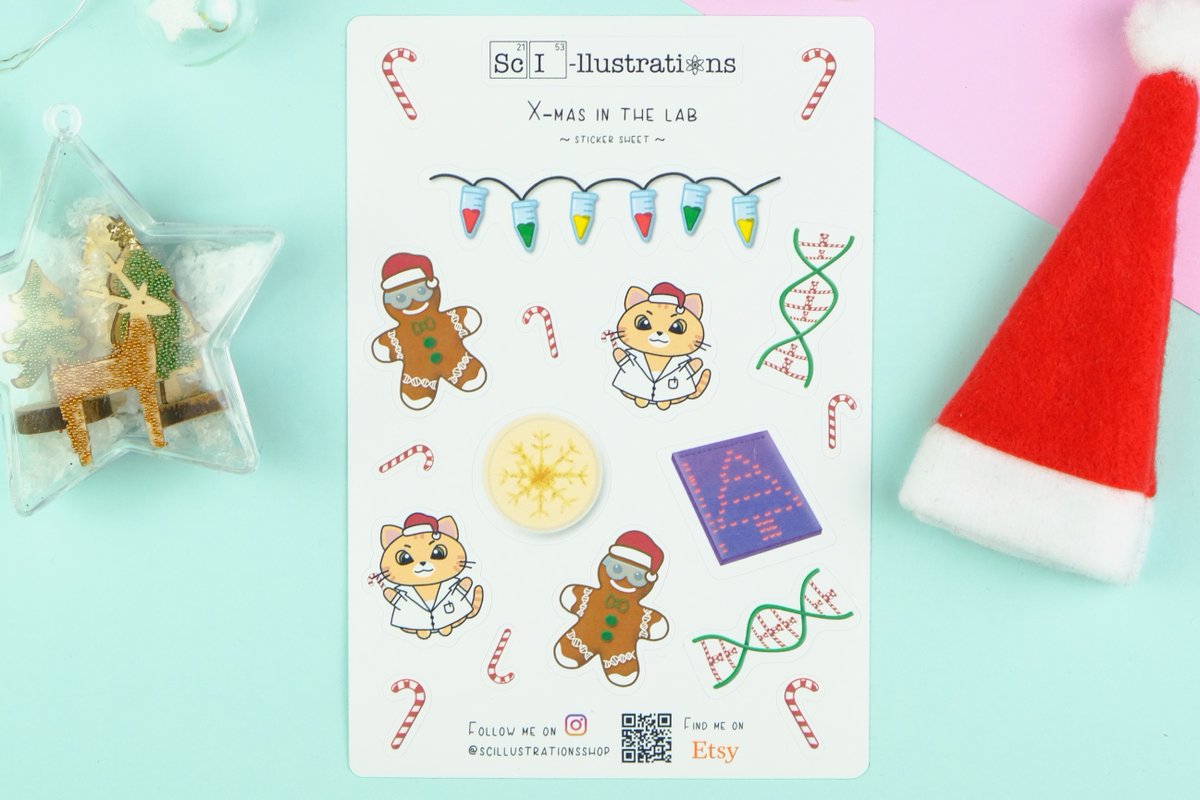 sci_llustration's tweet photo. Season’s greetings with my new sticker sheet: Xmas in the lab 🎅🏼🎄🧬 Which one is your favorite? They’re available now in my shop ✨https://t.co/m9PLDKKl7y
#sciencestickers #christmasstickers #labkitty #dnastickers #sciencegifts #sciencegiftidea #stickers  #christmasscience https://t.co/fLquuPwxOw