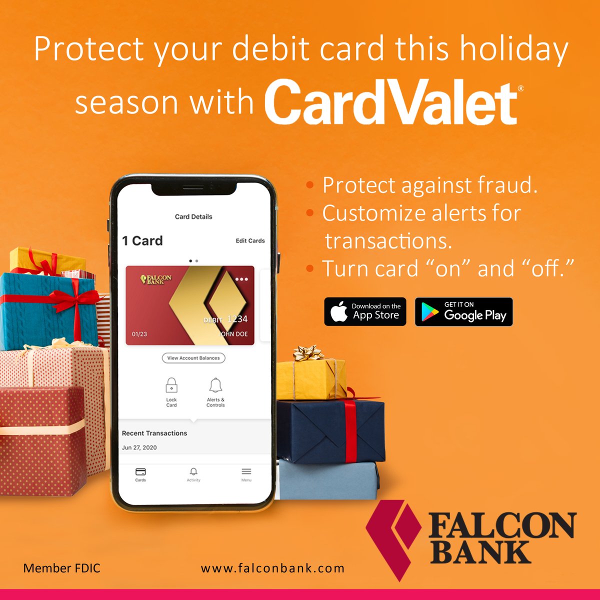 falconintlbank's tweet photo. Holiday shopping? Stress less during the holiday season and turn your card “on” and “off” with our FREE CardValet® app.
Download it today!
https://t.co/Hz6Kx8YVlU
#FalconBank #WeKnowWhatCounts #CommunityBank #CardValet https://t.co/RyS07mj9YB