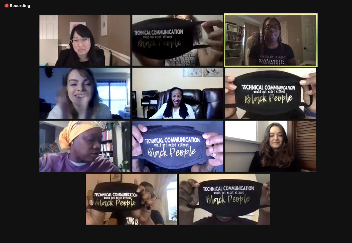VTenglish's tweet photo. Today's #BlackTechComm #BlackTPC panelists showing off their masks. Thanks again for an amazing panel!
You can get this mask at https://t.co/W4sOmIKxpk by choosing "custom mask," entering shipping info, and using the code "TPC" during the payment process https://t.co/rOUfwZdUMO