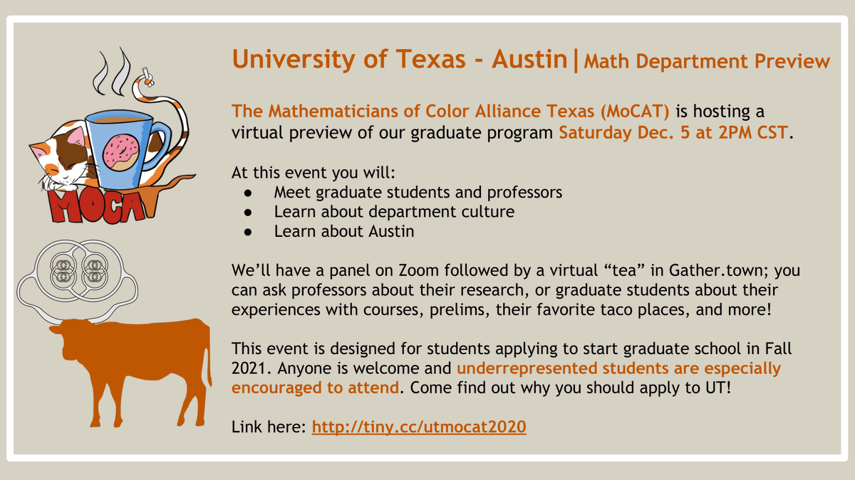 Hey all! Our department is having a virtual open house this weekend and it would be great if people could share this broadly with anyone they know considering applying to math grad school this fall--especially Students of Color! 
More info here: sites.google.com/view/mocat/eve…