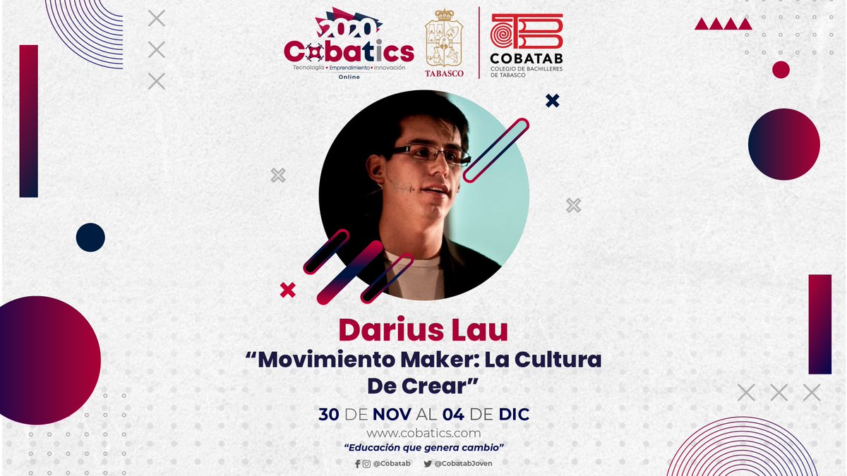 CobatabJoven's tweet photo. Conoce a @DariusLau, diseñador, emprendedor y maker ¡No te pierdas su conferencia! “Movimiento Maker: La Cultura de Crear” en #Cobatics 2020 😁💡
🕓 Hoy a las 4:00 pm
📲 Por #FacebookLive 👇🏻
https://t.co/o4dDaoK5bp https://t.co/1XDrgmUf5o