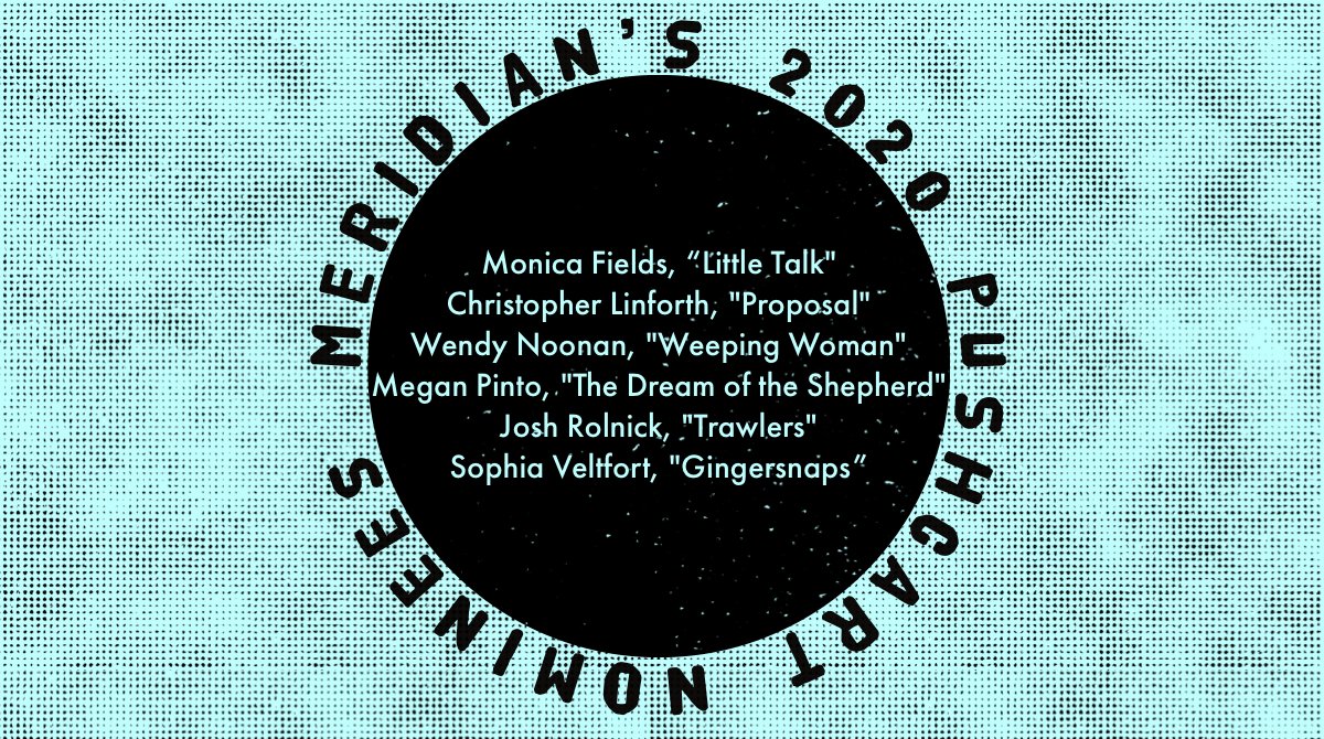 meridianuva's tweet photo. We are so excited to announce our Pushcart nominees this year: Monica Fields (@MonicaJFields), Christopher Linforth, Wendy Noonan, Megan Pinto, Josh Rolnick (@joshrolnick), and Sophia Veltfort (@SVeltfort)!  Wishing you all congratulations, luck, and a safe holiday season ahead! https://t.co/G2QHbkeGci