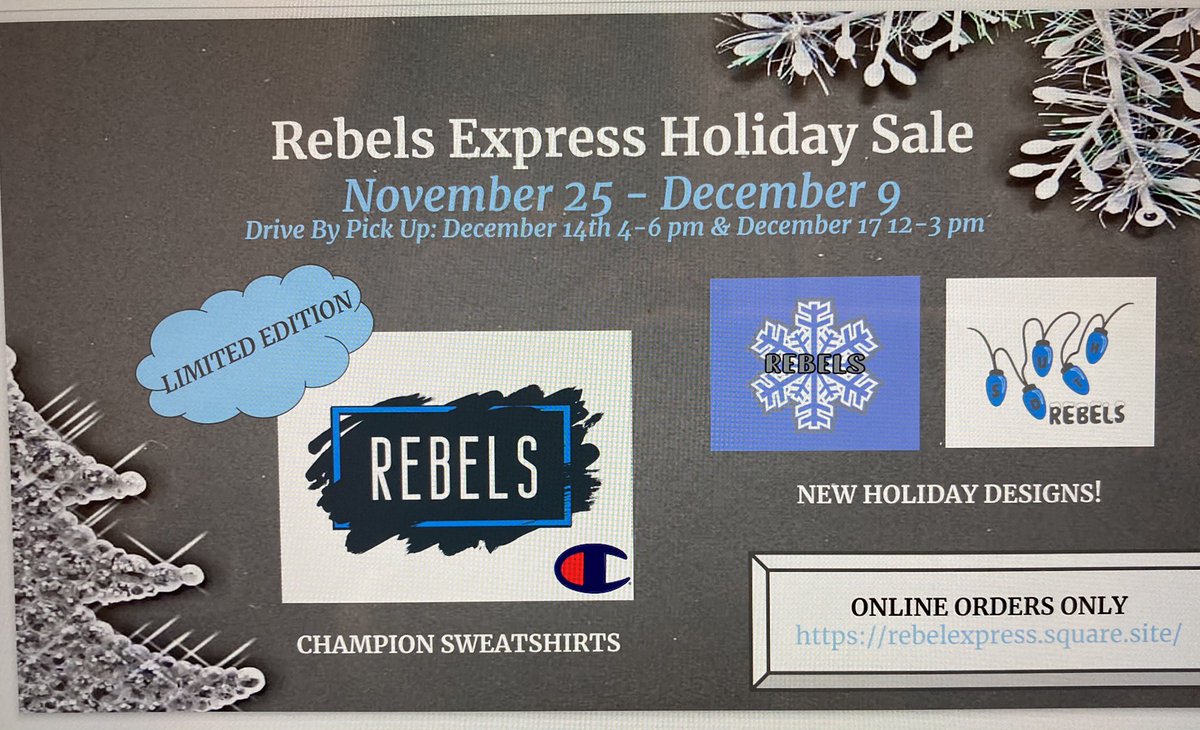 Check out our Holiday Sale!  New items including Champion sweatshirts, and a few new designs.  We are now ONLINE and will offer pick up delivery on 12/14 and 12/17.  Stock up on your favorite Rebel gear this holiday season.  ❄️🎄☃️