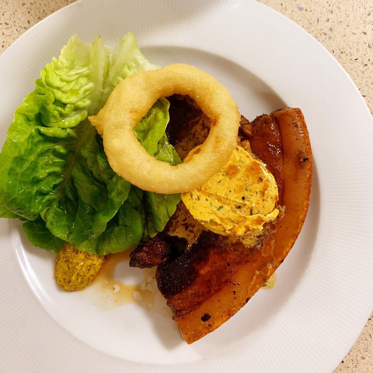 <a href="/RealBrynEvans/">Bryn Evans</a> inspiring us to appreciate #OSBPork.  Sometimes, you just need a good chop. Grilled #OSB chop, cafe de Paris butter and meaux mustard, thrice cooked chips.  And there's more to discover.  come join us on FB on the #OSBRareBreedPorkGroup #WhyNotPork #BritishPork