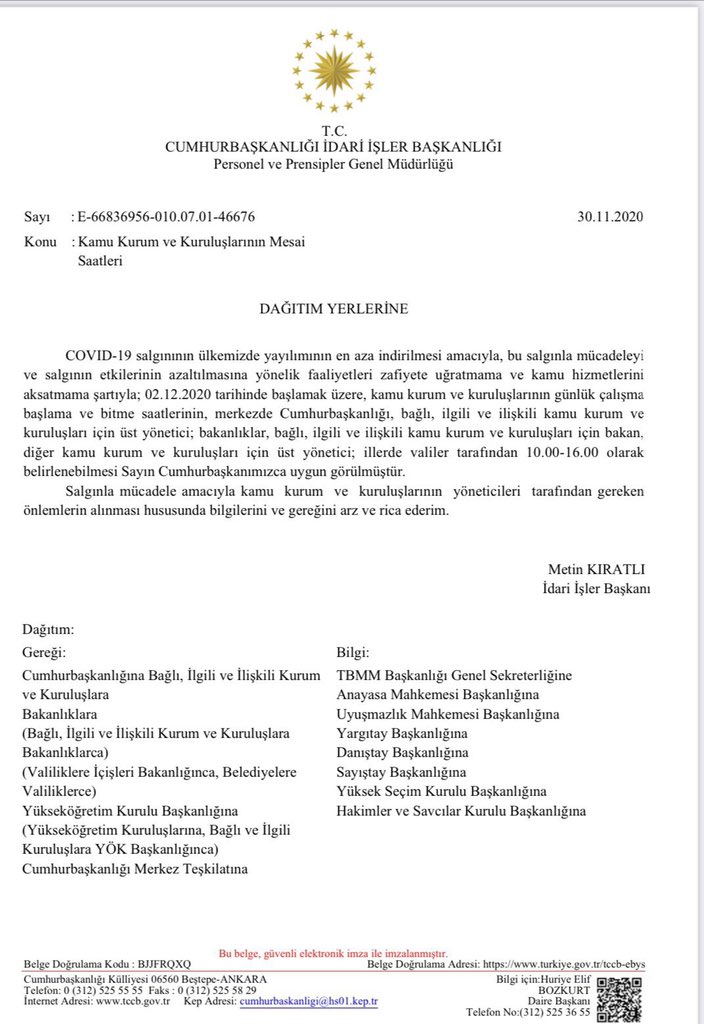 #Kovid19 tedbirleri kapsamında kamu personelinin çalışma saatlerine ilişkin genelge yayımlandı
#maske #mesafe #hijyen