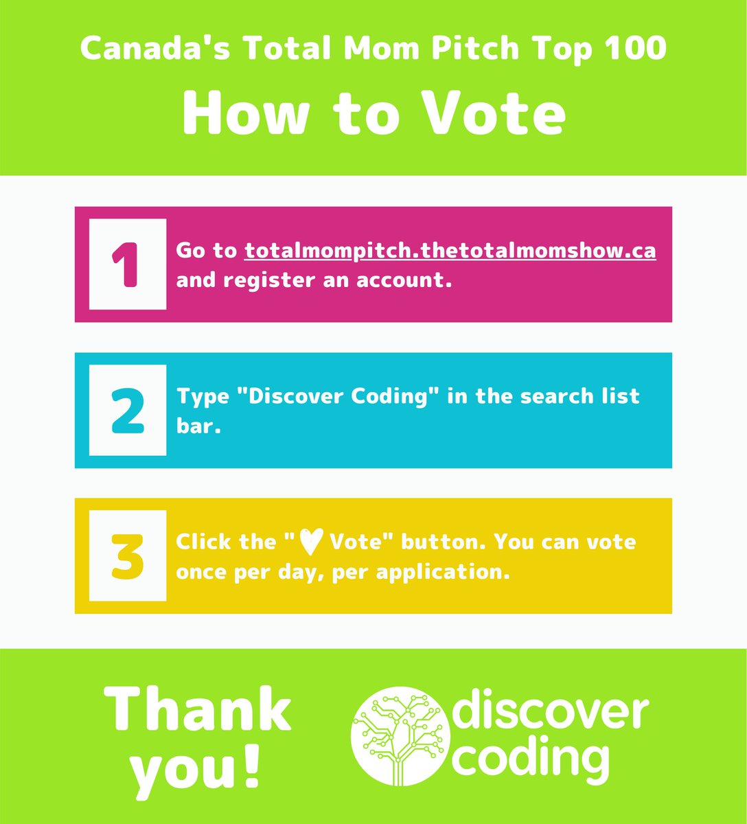 Support #STEM education and #supportsmall businesses during these uncertain times. Vote for Discover Coding in @TheTotalMomShow #TotalMomPitch! Voting closes Dec. 2 at 11:59 ET.

totalmompitch.thetotalmomshow.ca #yeg #yegtech #edtech #yeglocal