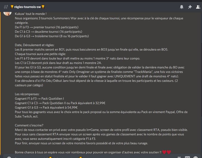 Tournois SW Amateur avec r&eacute;compense &agrave; la cl&eacute; 🗝️ Lire si interess&eacute; 😉 On compte sur vous &hearts;&hearts; @summonerswar_FR<a href="/tag/summonerswar"class="tags"><span>#summonerswar</span></a><a href="/tag/tournois"class="tags"><span>#tournois</span></a>