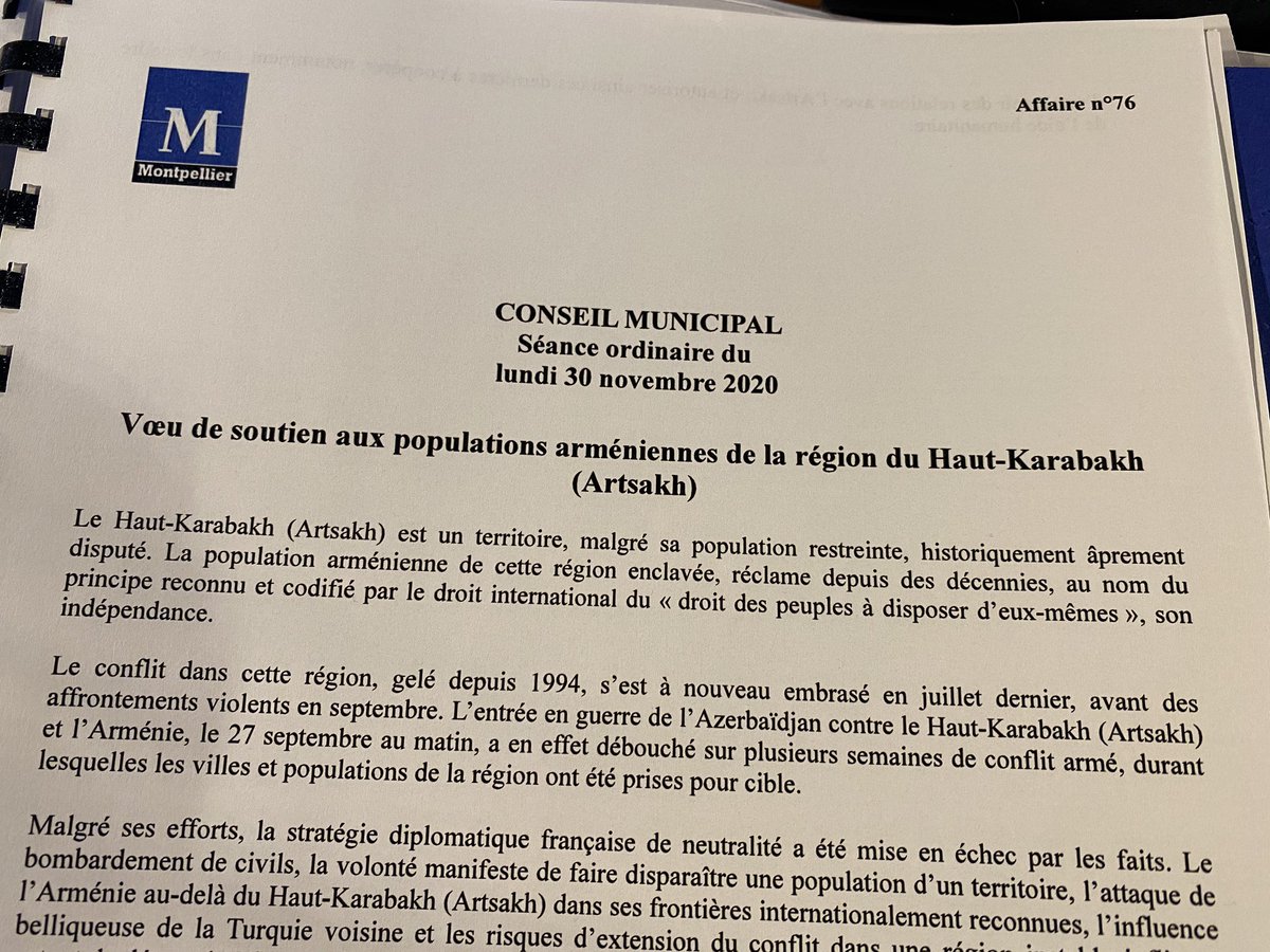 MDelafosse's tweet photo. J’ai présenté ce vœu adopté à l’unanimité par le conseil municipal de #Montpellier en soutien aux populations arméniennes de #Artsakh  pour lequel nous demandons le soutien et reconnaissance par la France. https://t.co/nA08jHjW8f