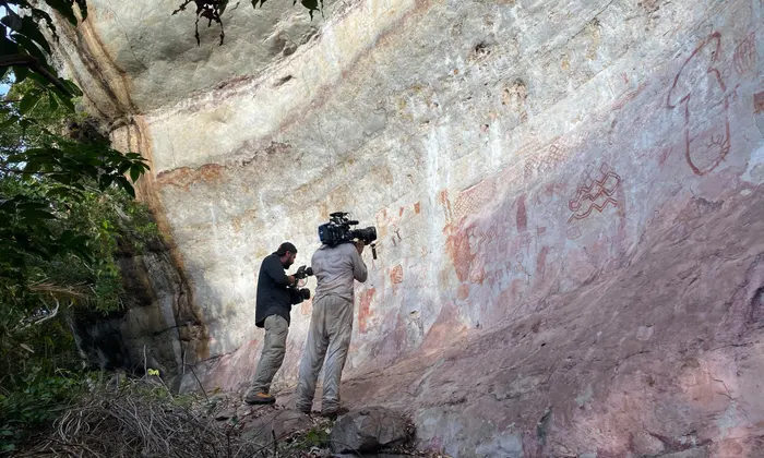 The paintings are being filmed for a major Channel 4 series to be screened in December, Jungle Mystery: Lost Kingdoms of the Amazon. Photograph: Ella Al-Shamahi