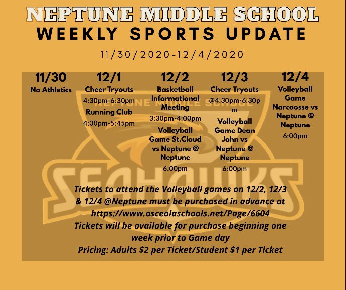 Just a reminder on this weeks Sports activities. See our weekly update here. #NeptuneSeahawks #NeptuneMiddleSchool
