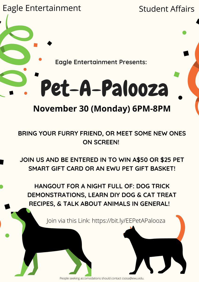 TONIGHT! Bring your pets or come ready to talk about pets! It's going to be a low-key night to hang out. 

Event link: bit.ly/EEPetAPalooza