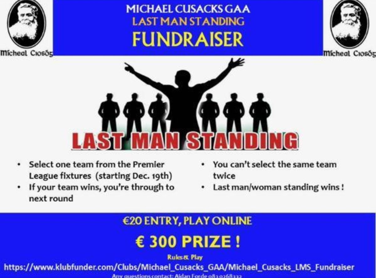 We are running a Last Man Standing Premier League competition with a €300 prize on offer for the winner! The cost is €20 entry and you can sign up at the link below. Deadline for entry is 11:59pm Dec 18th. All support is appreciated!!

klubfunder.com/Clubs/Michael_…