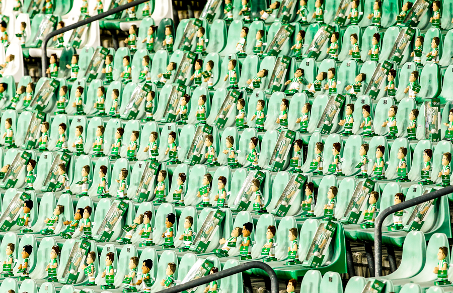 brfootball's tweet photo. Real Betis can’t do their traditional toy throw this year, so they filled their empty stands with toys today. 

The club will donating a toy to children for every one bought by fans during the holidays 💚 https://t.co/7N9DbCrARJ