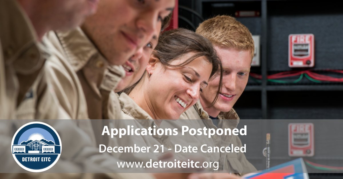 DetroitEITC's tweet photo. APPLICATIONS POSTPONED: To adhere to the MDHSS guidelines and to protect our team from COVID, applications for the Electrical Apprenticeship will be suspended for December 2020 and January 2021. Applications will not be taken on December 21st as previously posted. Please chec ... https://t.co/rXFo9ufc2V
