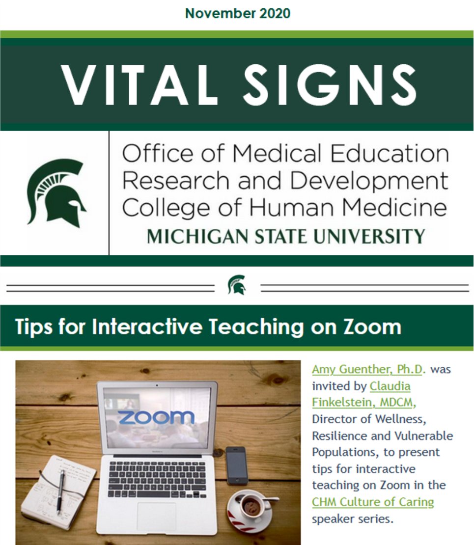 omerad_chm's tweet photo. Check out the latest @omerad_chm Vital Signs newsletter to read about our recent endeavors, and the spotlight is shining on OMERAD faculty member Dr. Amy Guenther! #MedEd #MSU @msumd https://t.co/SKTQdUVUHp https://t.co/Fv6vJ0IJpI