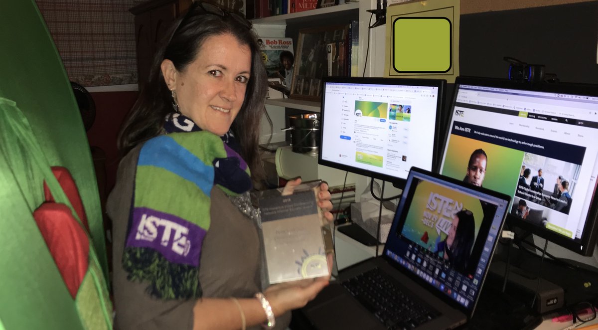CiTiKristin's tweet photo. Here's my #ISTE20 Live setup! @iste Twitter on one screen, https://t.co/DdeH8qelRT on another, & #ISTELIVE background in my @zoom_us meeting (using @TheWebaround)! Wearing my #ISTEPLN #IVCPLN scarf & holding the @NYSDLC's coveted ISTE @IVCPLN award from #ISTE19!
#ISTE20Contest https://t.co/RMpHcJemRi